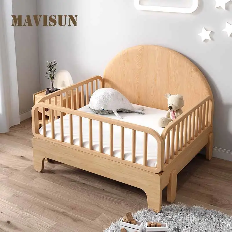 Crib Cot Splicing Bed With Guardrail Children's Bed Boy Solid Wood Princess Bed Girl Bedroom Push-Pull Retractable