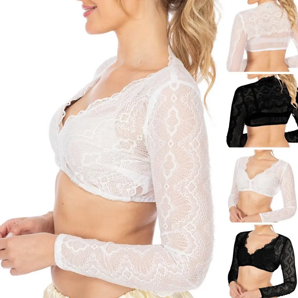 Women Lace Blouse Stylish Women's Bavarian Beer Blouse Lace Hollow Out Crop Top with Slim Fit V Neck Long Sleeves Dirndl Costume