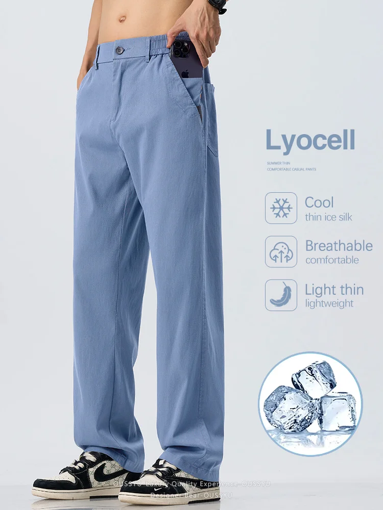 Sommerliche Lyocell-Hose für Herren: Ultraleichte, lockere, gerade geschnittene, kühlende und atmungsaktive Freizeithose in Blau – Koreanischer Casual-Stil für den Alltag und Sport
