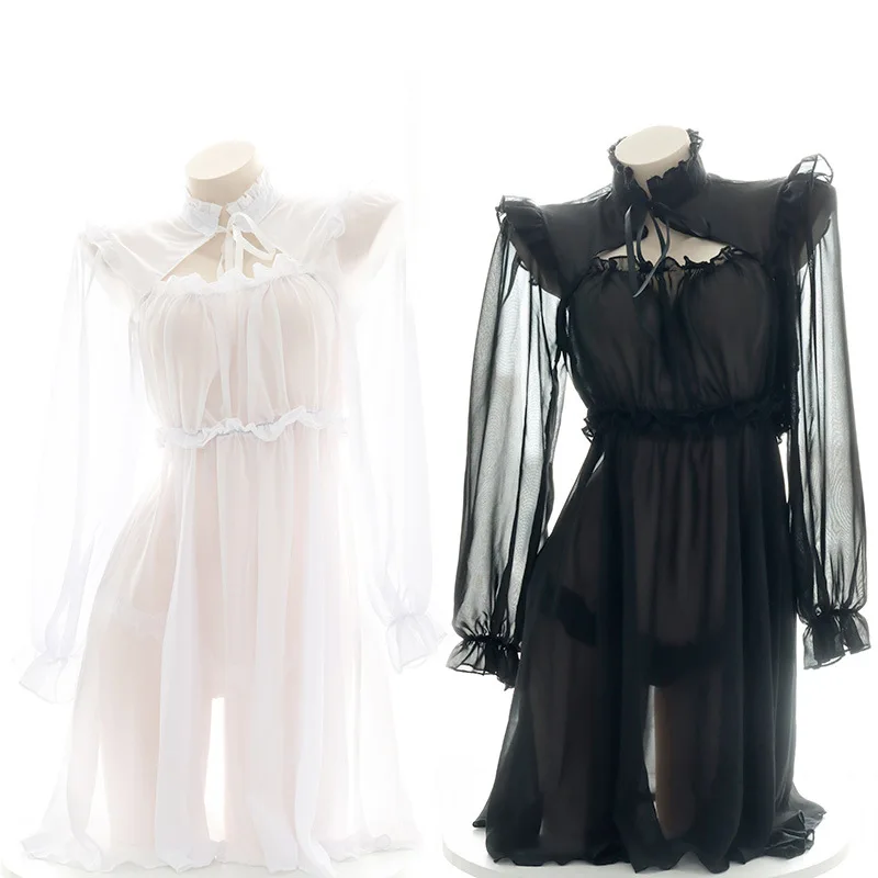 Lolita Women Chiffon Dress Princess Sleepshirts Vintage Palace Nightgowns Anime Cosplay Semi-Transparent Long Sleeve Homewear