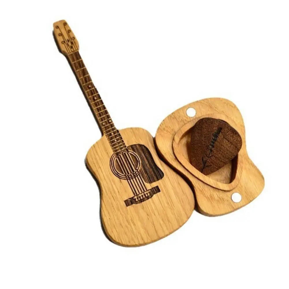 Simulation Guitar Wooden Guitar Ornaments Mini Smooth Edge Wooden Guitar Pick Case with Display Stand Handcrafted