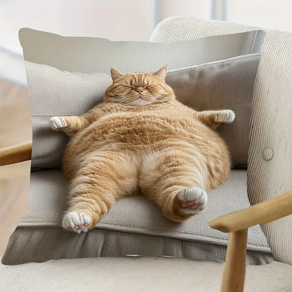 1pc 18x18 Inch Super Soft Short Plush Double-Sided Throw Pillow - Adorable Ginger Cat Lounging on Sofa Design