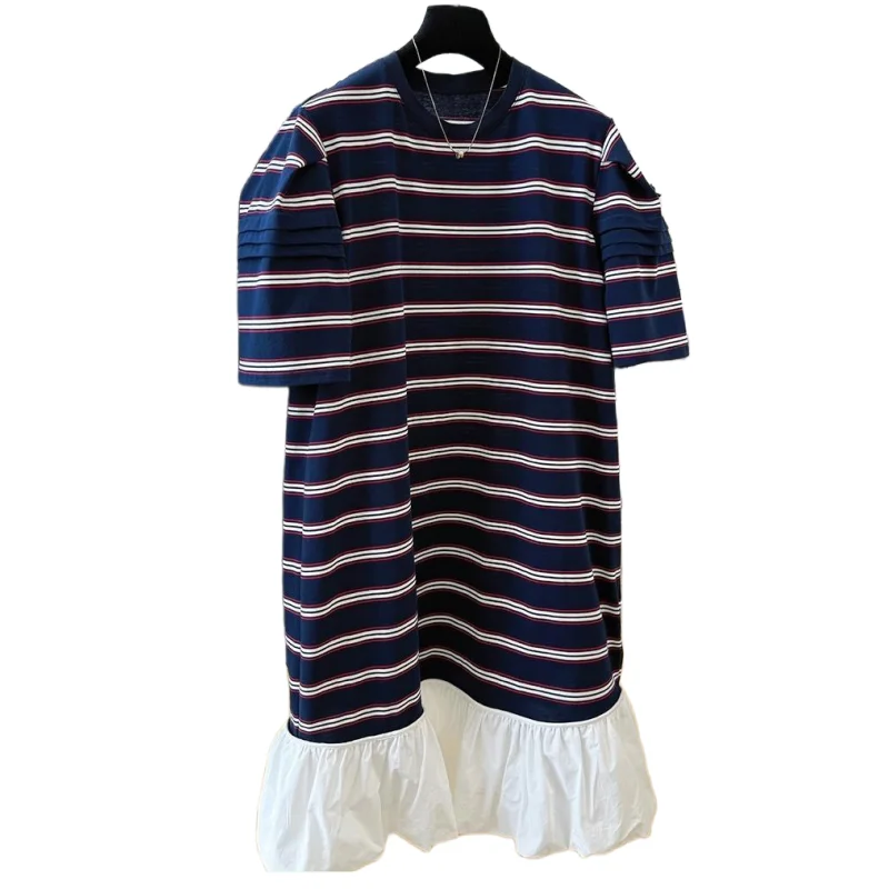 Sommer Damenmode Kurzarm T-Shirt Kleid Lässig Lose O-Ausschnitt Kleid Retro Gestreiftes Kleid