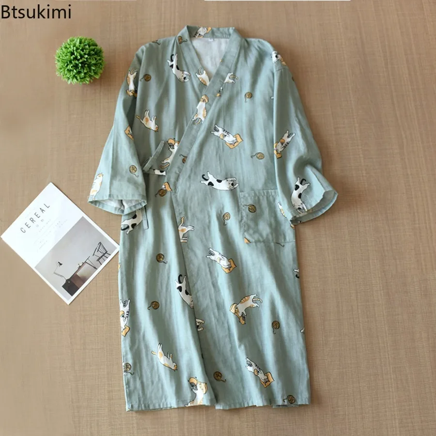 2025 Women's Robe 100% Cotton Robe Kimono Seven-Sleeve Pajamas Loose Cartoon Cat Print Night-robe Pajamas Bathrobe for Couple