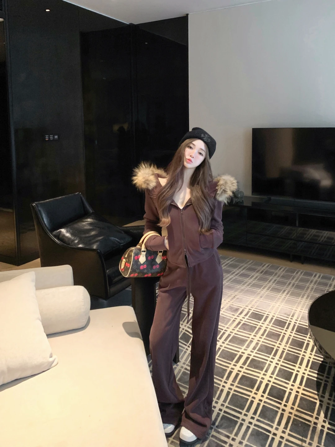 

Женский зимний модный комплект: куртка с капюшоном на двойной молнии и меховым воротником, повседневные брюки с высокой талией и широкими штанинами, костюм из двух предметов