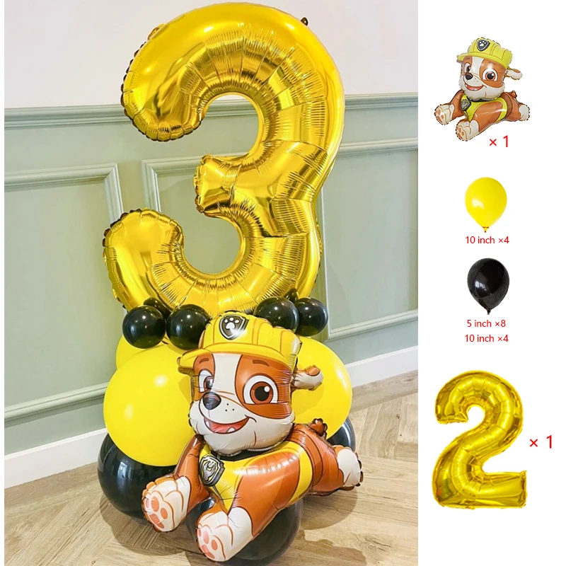 18pcs Cartoon Paw Dog Patrol Balloon Set Number 0-9 Foil Balloons Birthday Party Decor Yellow Black Latex Balloon Kit - view 4