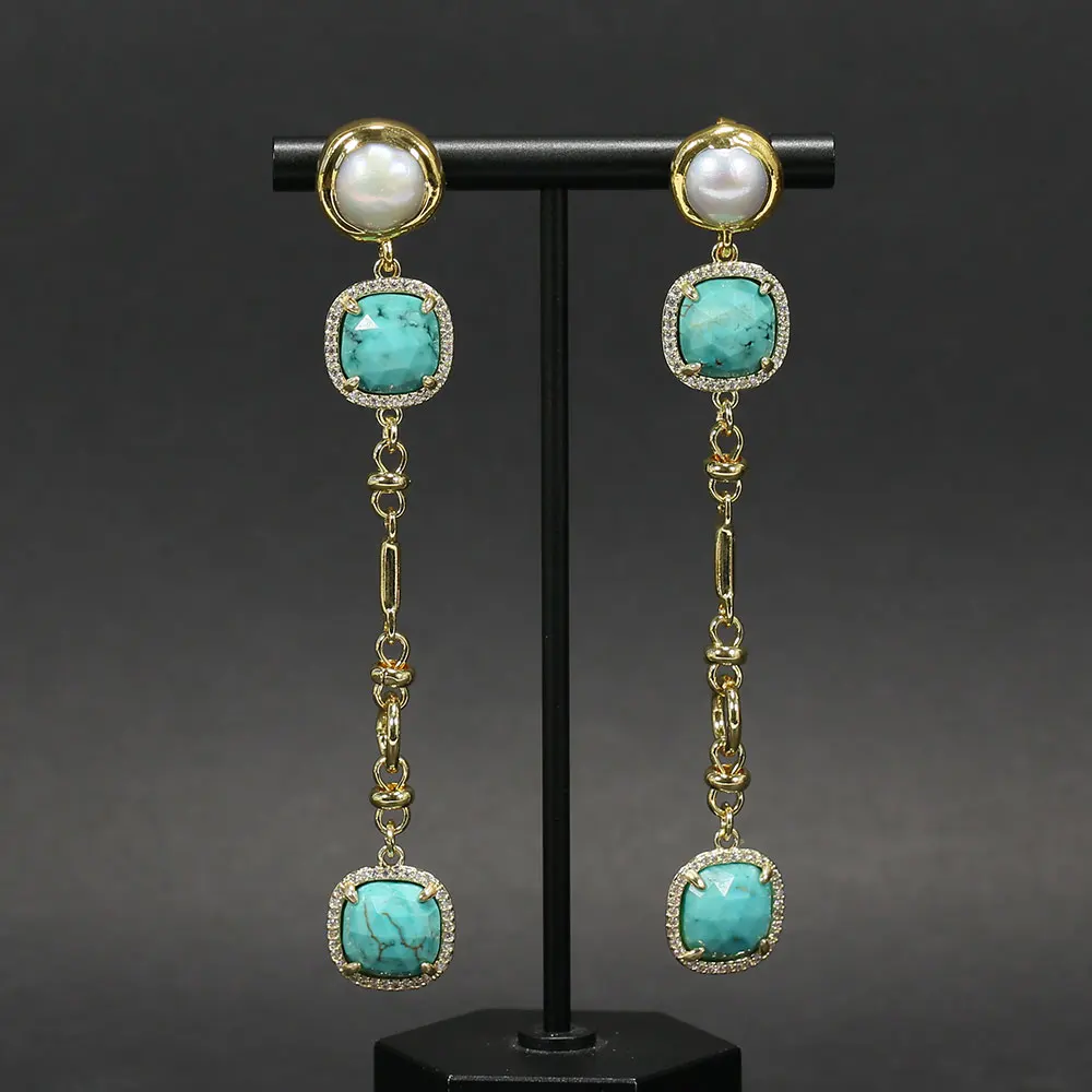 Natural Blue Turquoises Faceted Square Shape CZ Paved Keshi Pearl Stud Earrings Cute Earrings For Lady Girls 1 order