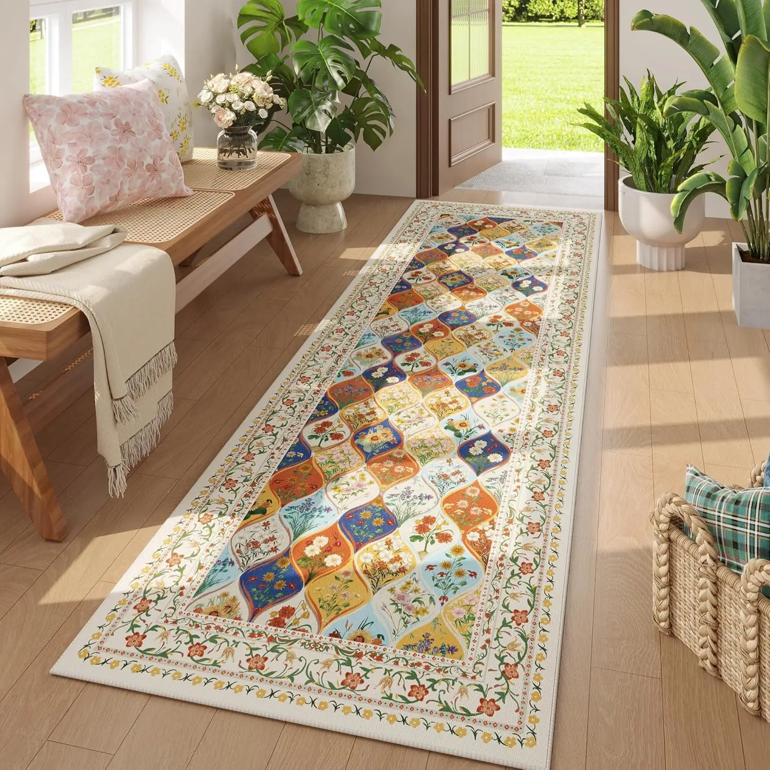 

Bohemian Geometric Floral Runner Rug Machine Washable, Soft Low Pile Carpet, Non-Slip for Laundry, Bedroom, Bathroom, Entryway