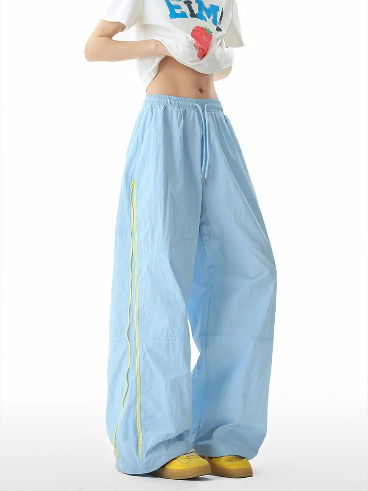 

Американский стиль 90-х годов Y2k, быстросохнущие прямые свободные уличные повседневные брюки с высокой талией, женские синие брюки с эластичной резинкой на талии