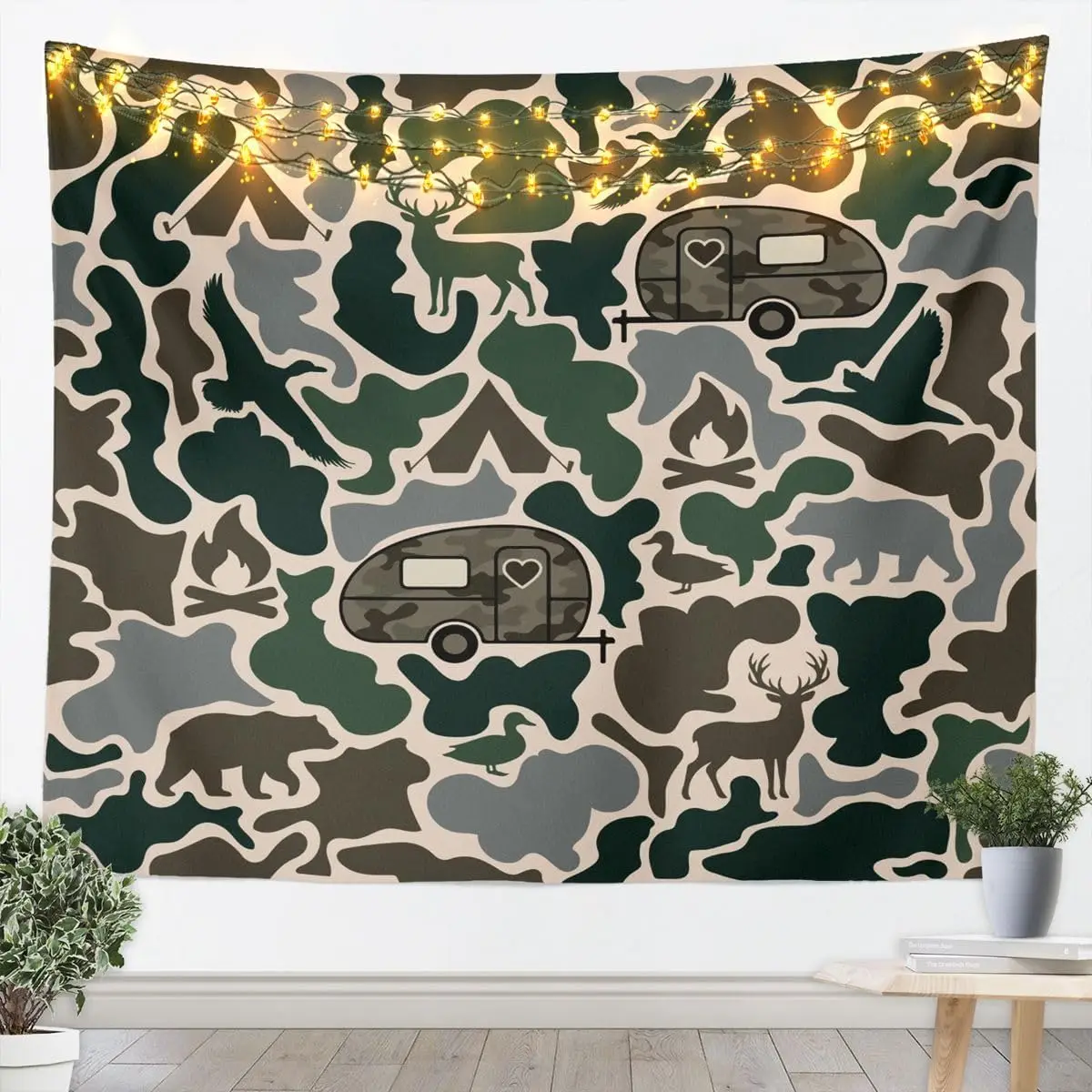Camouflage Dinosaur Tapestry, Black Gray Camo Dinosaur Silhouette Print Wall Hanging, Ideal For Boys Bedroom, Dorm & Gaming Room