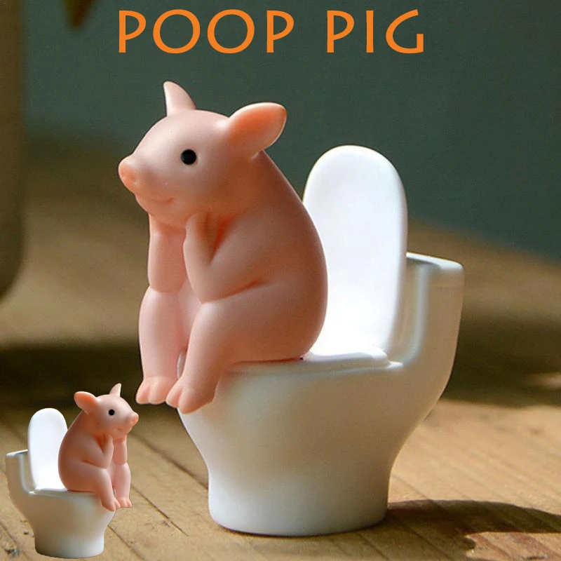 Cartoon Pig Desktop Ornaments Piggy Sitting On Toilet Figure Miniature Animal Decoration Creative Toy Kids Gift Desktop Decor