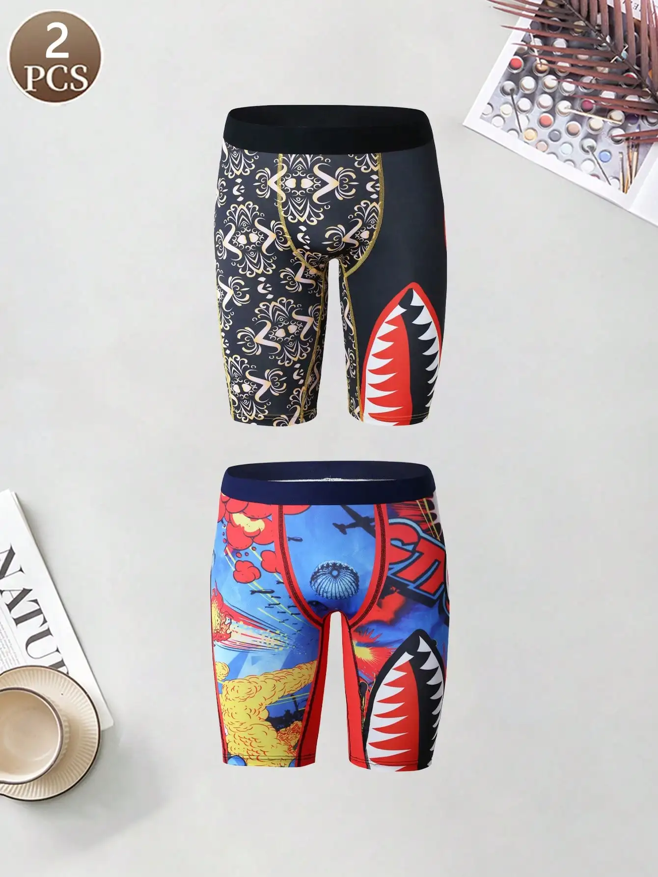 

2PCS Casual sports basic knitted fabric soft shark print Men's mid waist seamless lifting hip fashionable elongated sports boxer