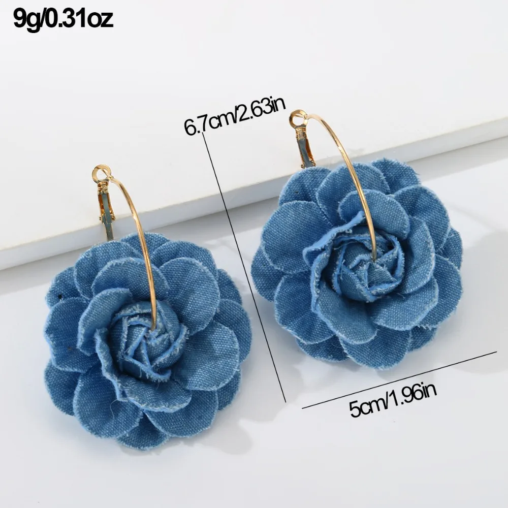 New Handmade Blue Rose Earrings Denims Exaggerate Flower Earrings Ornament Denim Blue Fabric Earrings