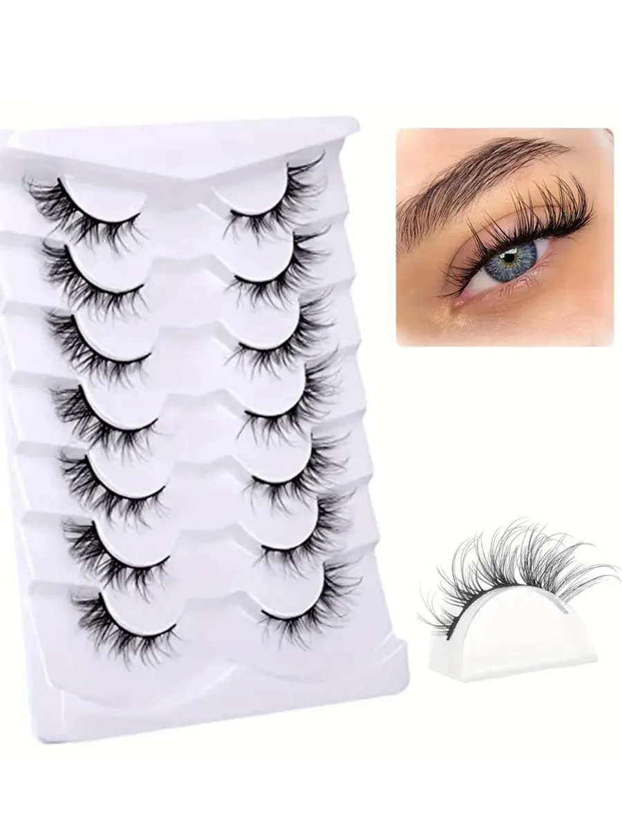 7 ペアナチュラルルックまつげクラスター、スレンダー漫画まつげエクステンションふわふわストリップキャットアイまつげパック、アニメ韓国