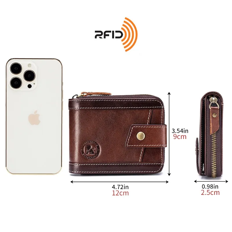 Men Short Zipper Genuine Cowhide Wallet Retro Anti‑RFID Blocking Multi‑function Driver License Business Card Holder Purse