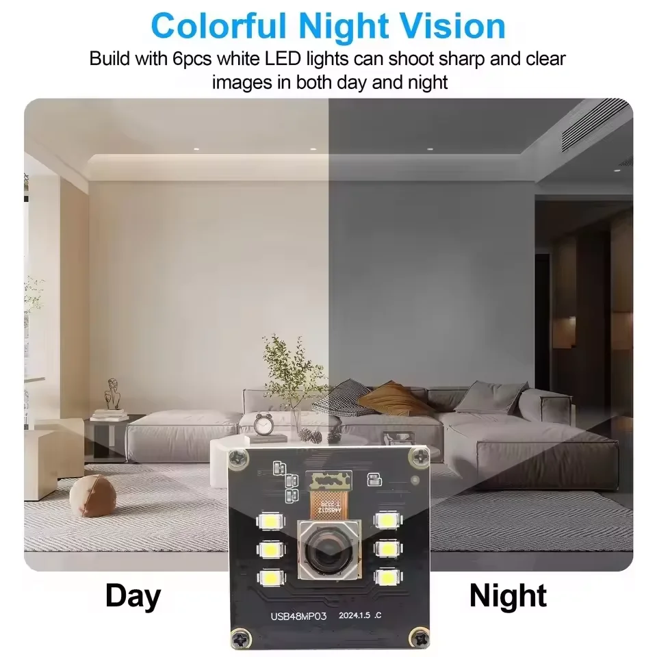 ELP 48MP USB Camera Module, Autofocus Lens, GM1 Sensor, 6000P 30fps, 70degree, Mini Webcam with 6pcs White LED for Night Vision