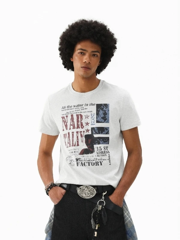 American Retro Portrait Fragmented Print Short Sleeve T-Shirt Men Summer Casual Slim Fit Shoulder Printed Cotton Top