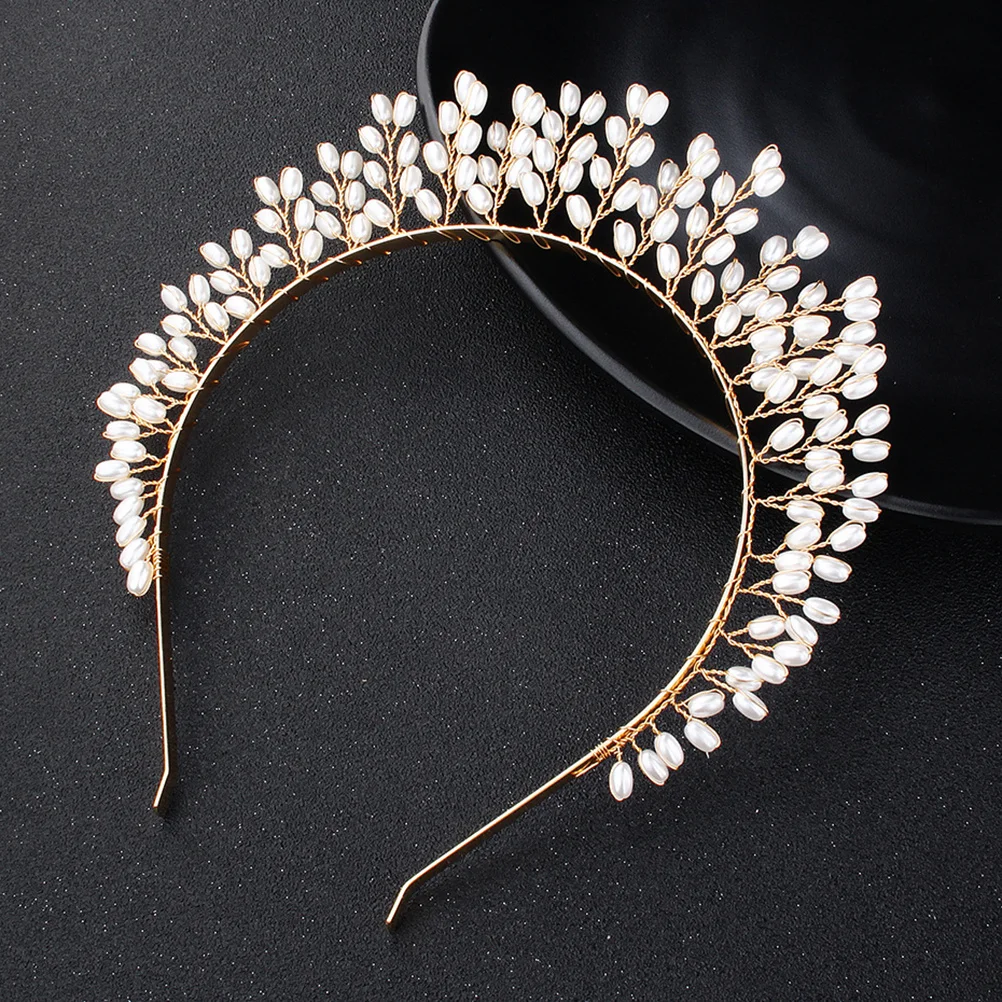 

Exaggerated Artificial Pearl Headband Bridal Crown Hair Band Golden Handcraft Headdress Party Costume Photo Props for Women