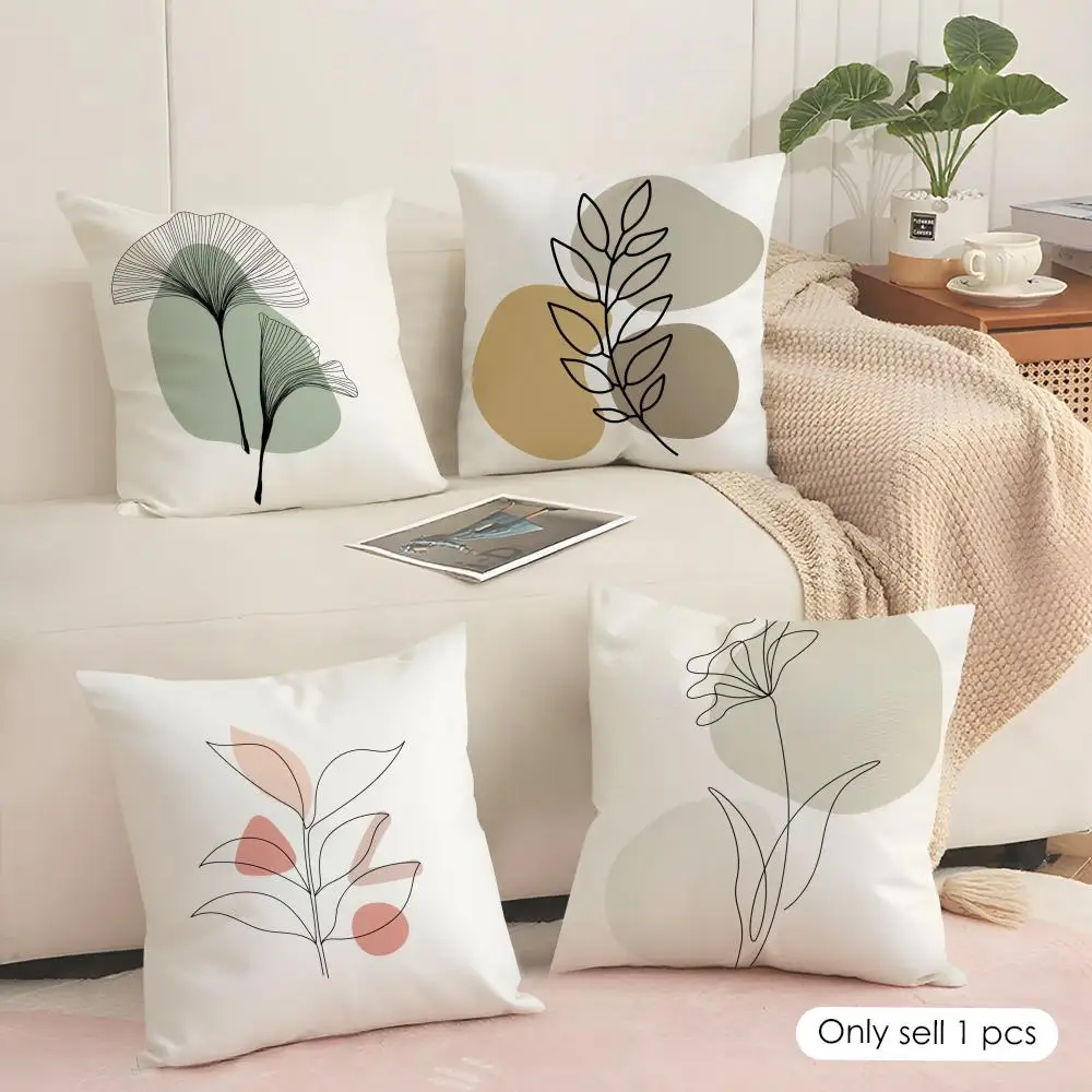 Botanical Line Art Design Cushion Cover Silky Short Plush Sofa Pillow Cover Hidden Zipper Soft Dustproof Case for Home Decor