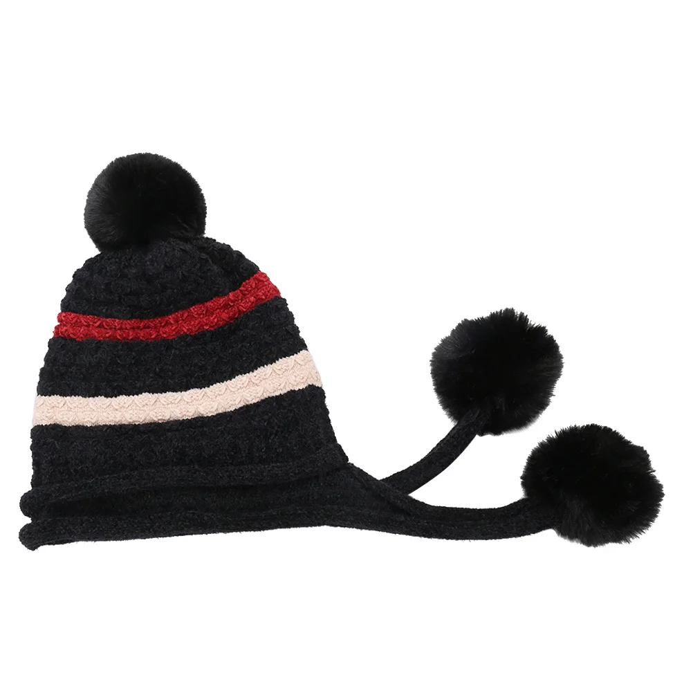 المرأة صوف مبطن قبعة تزلج دافئة ثلاثة كرات شعر الأذن أدفأ للرياضة في الهواء الطلق على الجليد المشي لمسافات طويلة الشتاء محبوك الصوف #1