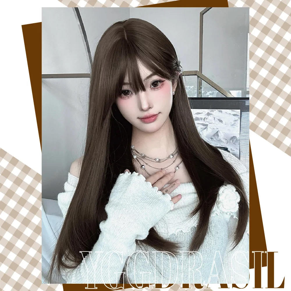 24 inch mokka bruin kantoor meisje synthetische pruiken met pony medium steil haar pruik voor vrouwen dagelijks gebruik cosplay hittebestendig