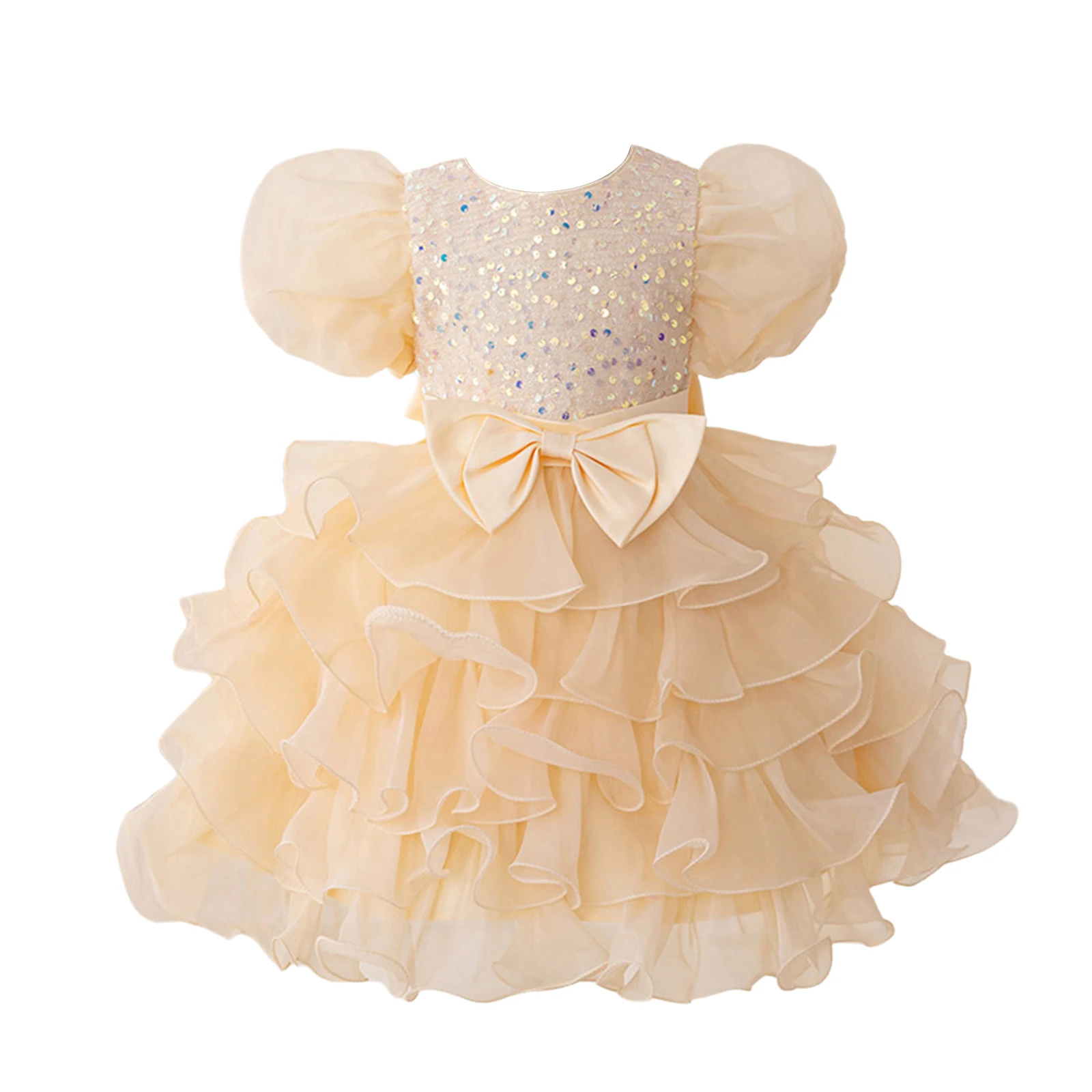 

Baby Girls Princess Tutu Dress Round Collar Puff Sleeves Sparkly Sequins Bowknot Multi Layer Mesh Dress for Wedding Banquet
