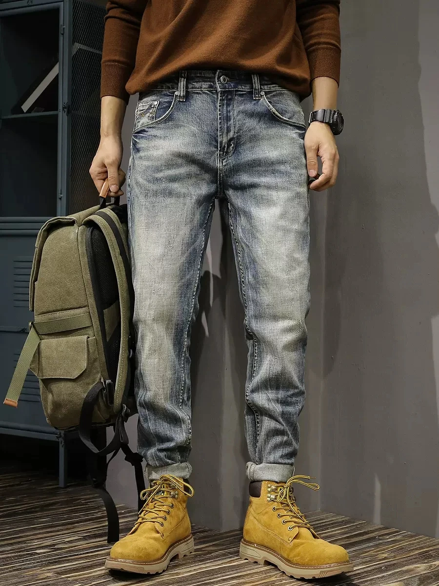 Italian Style Fashion Men Jeans Retro Blue Stretch Elastic Slim Ripped Jeans Men Vintage Trousers Casual Designer Pants Hombre