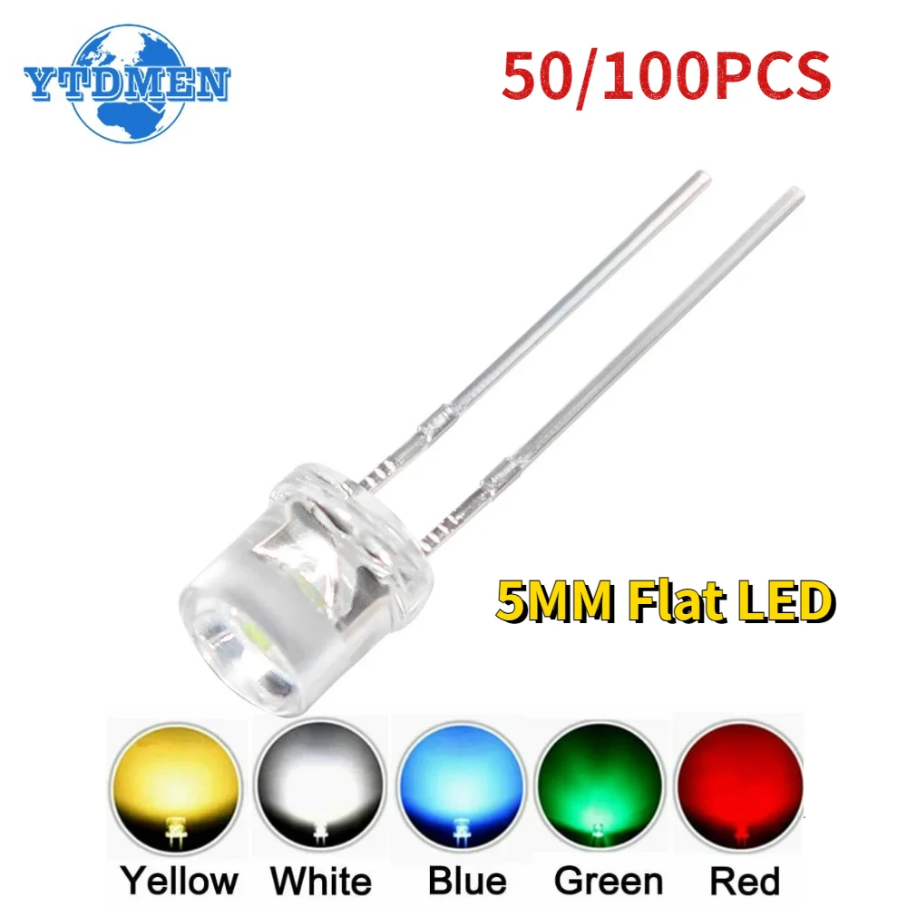 50/100pcs 5mm Flat Top LED Diode 5 Colors Transparent Light Emitting Diodes Red Yellow Blue Green White Bulb Lamp DIY Electronic