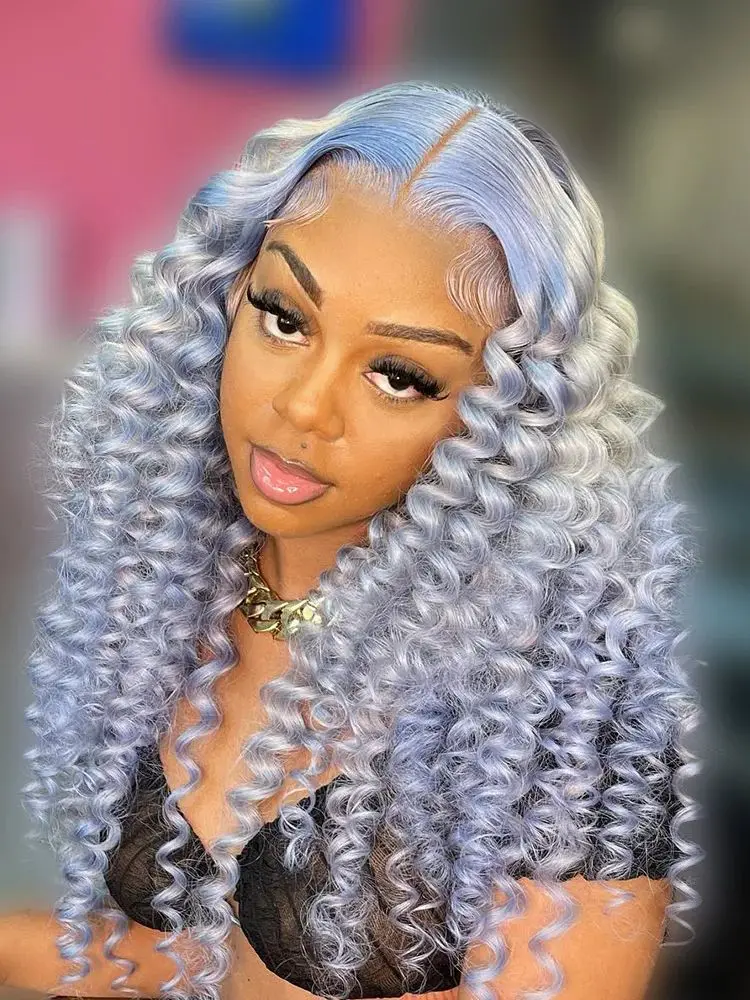 

Sliver Grey Curly Human Hair Wigs 13x4 Transparent Lace Front Wig 100% Human Hair Quality Colored Lace Frontal Wig 250% Density