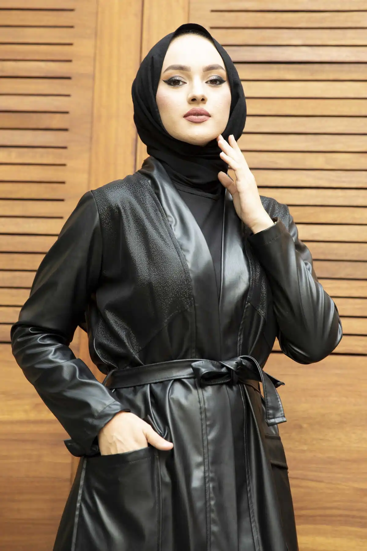 Waist Belted Leather Jacket Black