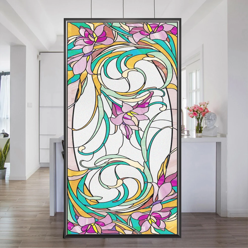 Glass Window Privacy Frosted Film Flower Pattern Glue-Free Glass Door Sticker Anti UV Static Cling Glass Window Decorativ Flim