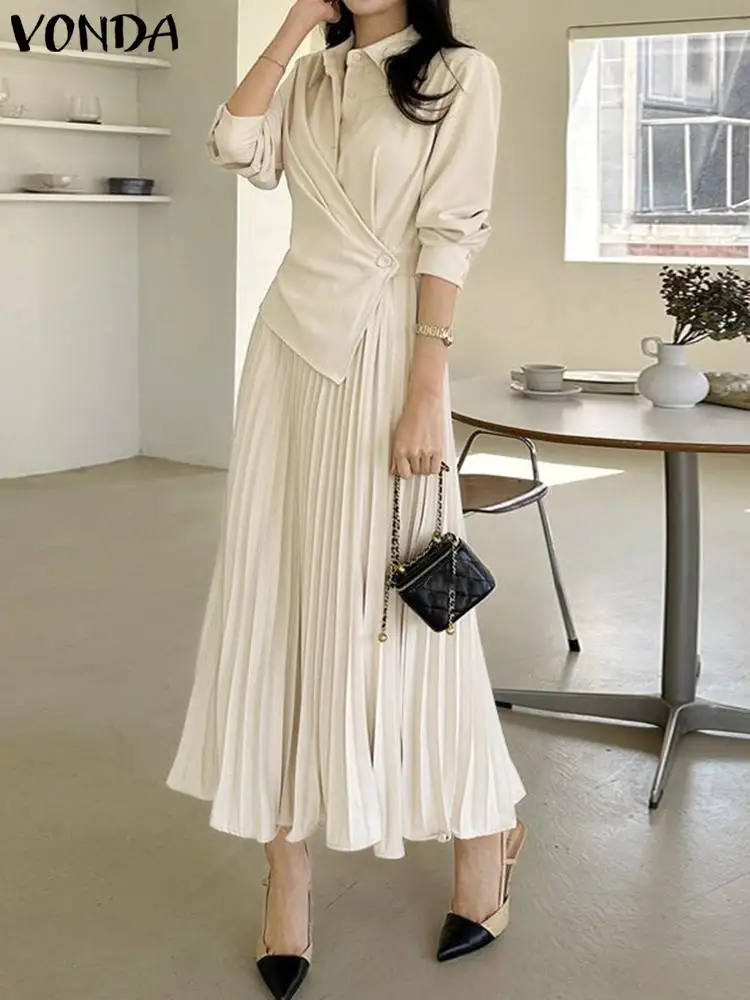 

Summer Midi Dress 2023 VONDA Women Casual Solid Color Dresses Vintage Long Sleeve Party Sundress Elegant Loose Vestidos Feminina