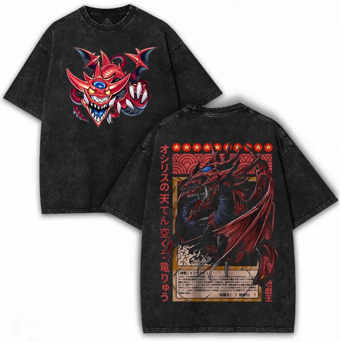 

Washed Black Oversized Unisex Tee, Dual Side Red Dragon Anime Print Front Dragon Head Back Card Art With Japanese Text