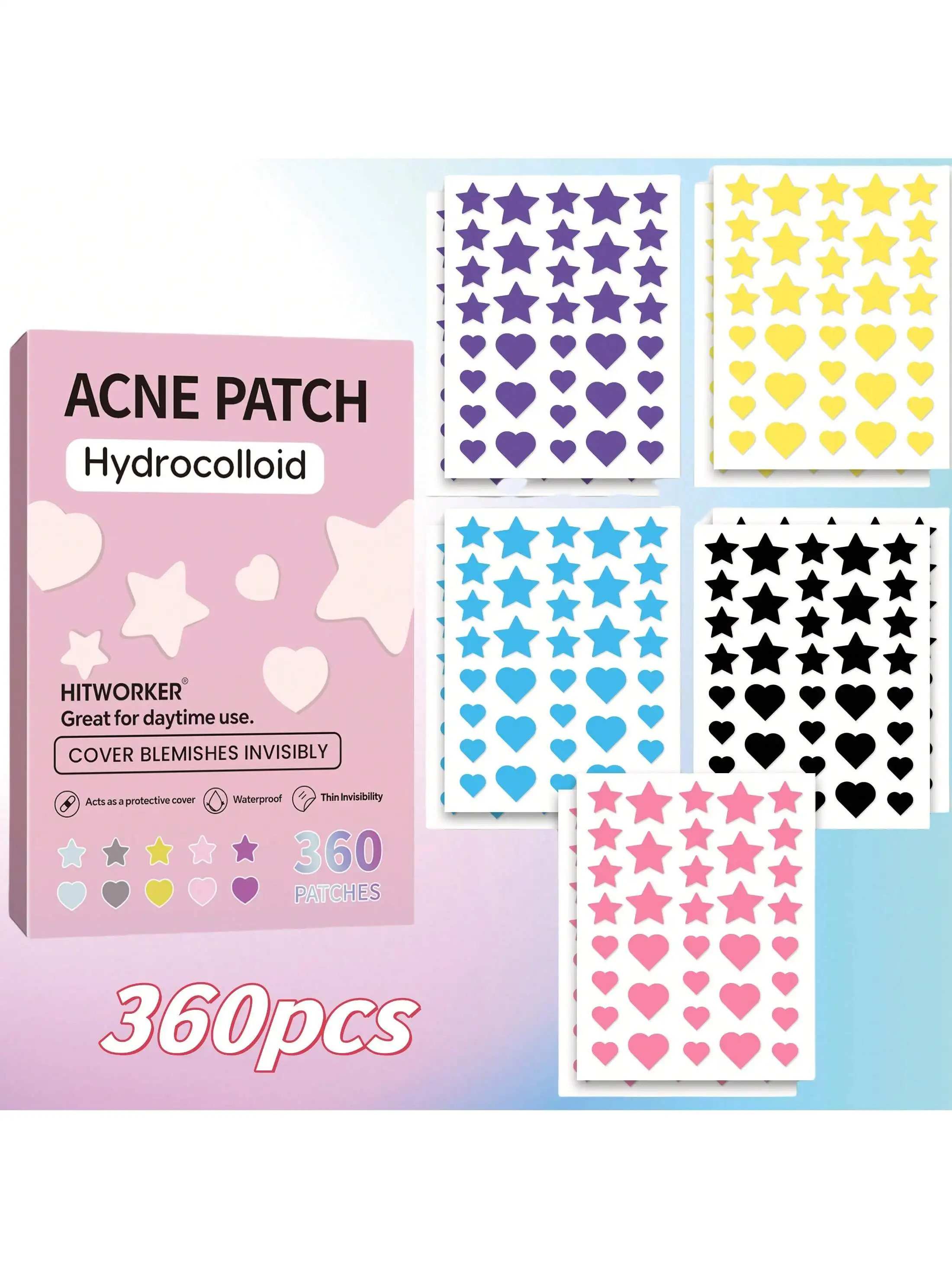

360 pieces of heart-shaped acne cover stickers, 5 colors, waterproof, suitable for all skin types