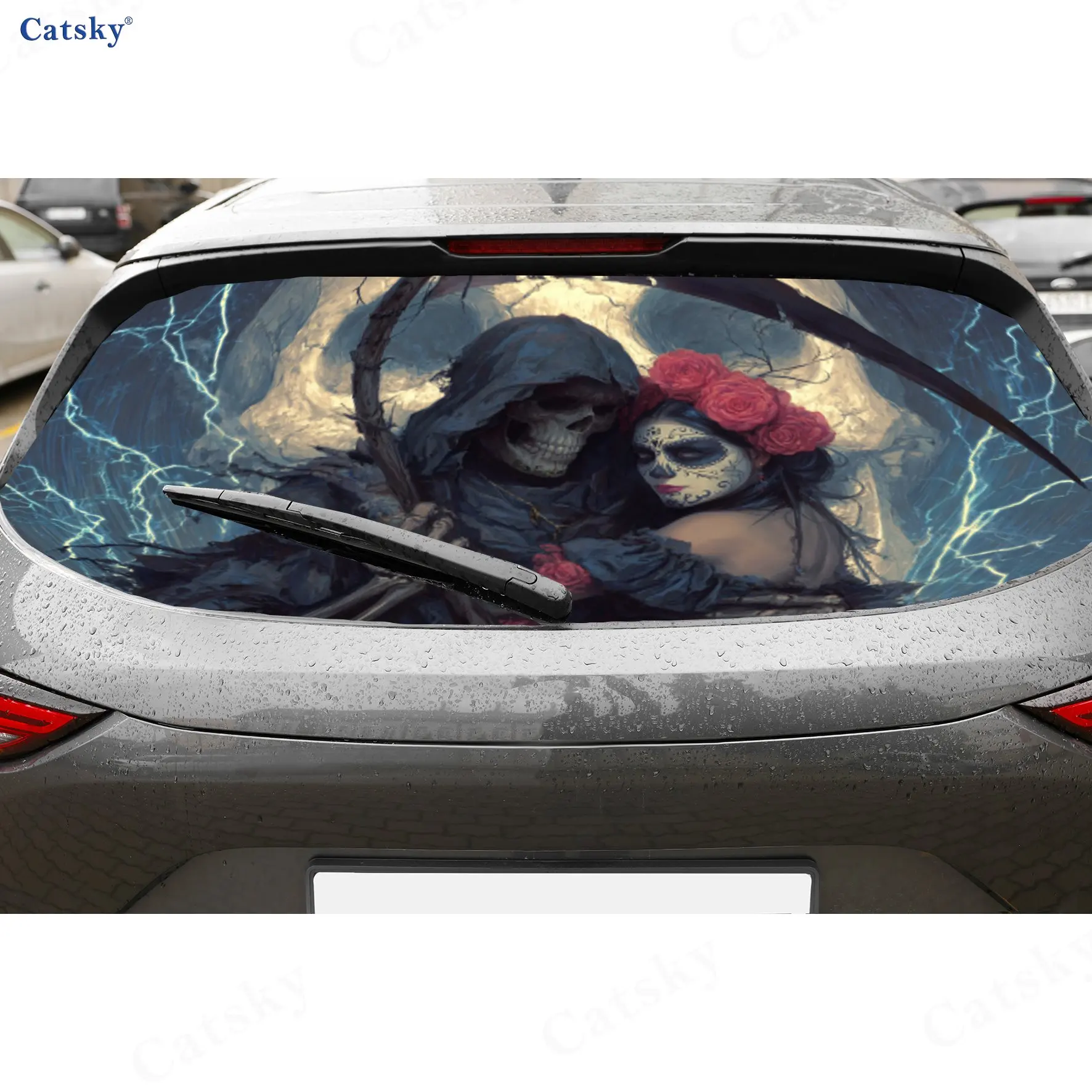 Mexican Dead Skull Couple PVC Perforated Car Vinyl Wraps, Durable Car Rear Windshield Sticker, Waterproof Car Rear Window Decal
