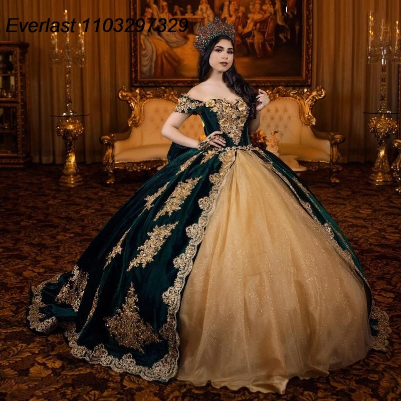 

EVLAST Glitter Emerald Green Ball Gown Quinceanera Dress Gold Applique Lace Crystals Diamonds Sweet 15 Vestido De 15 Anos TQD575