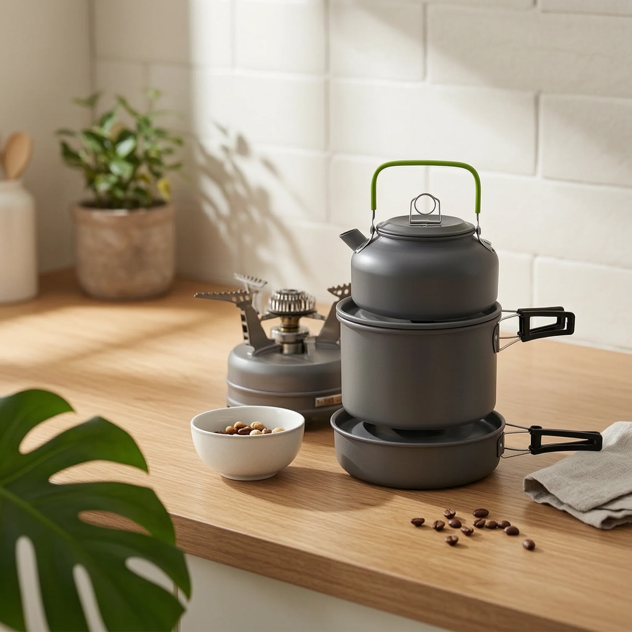 Nesting Camping Cooking Set - Kampkookset met waterkoker Opvouwbare campingkookset Campingkookset
