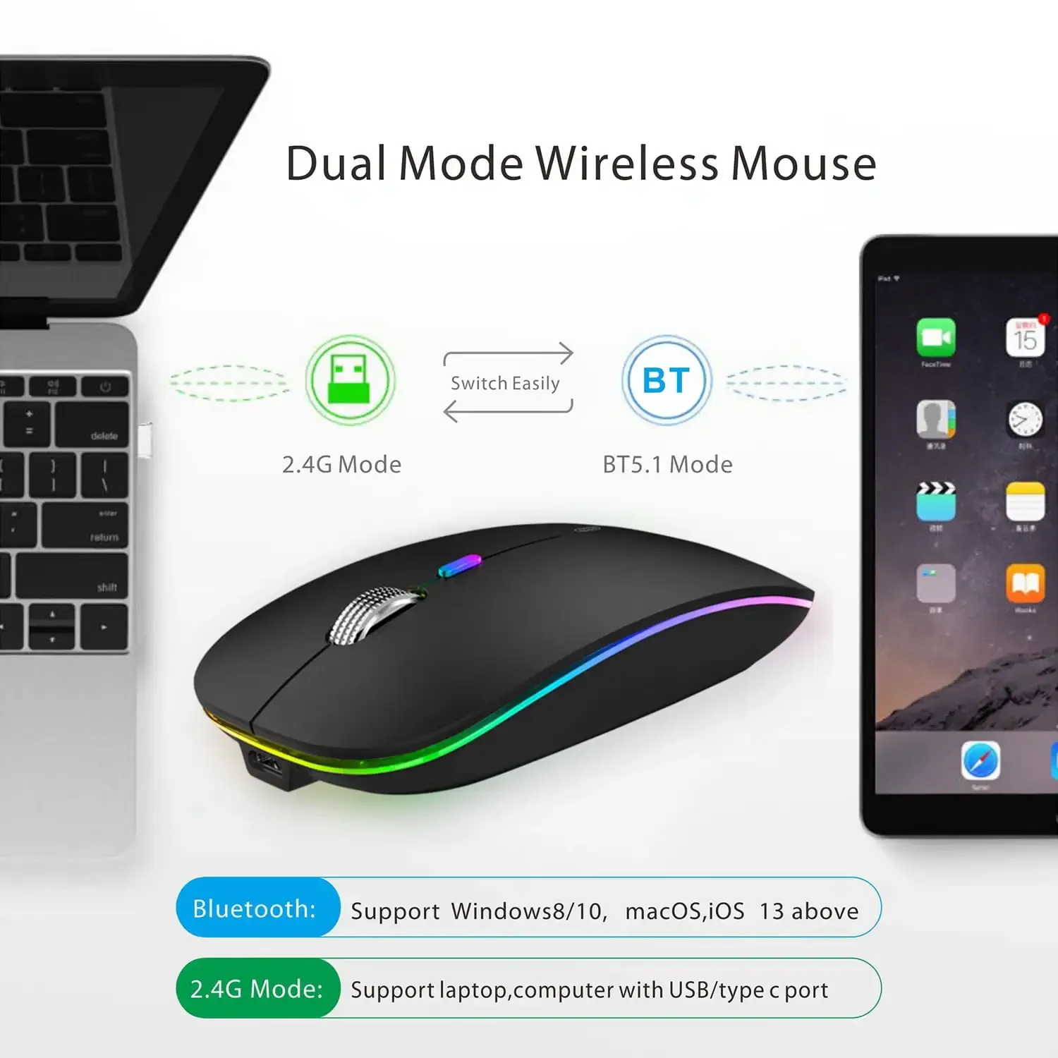 Wireless Bluetooth Mouse Rechargeable Mouse Dual Mode Bluetooth 5.1 2.4G with USB Receiver Computer Mice