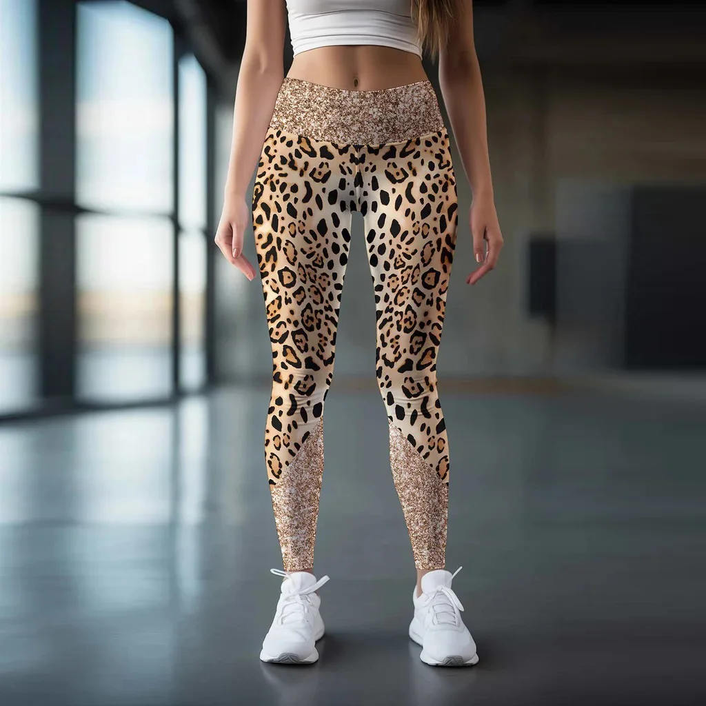 Leopard-print patchwork print tight stretch waist casual leggings for women