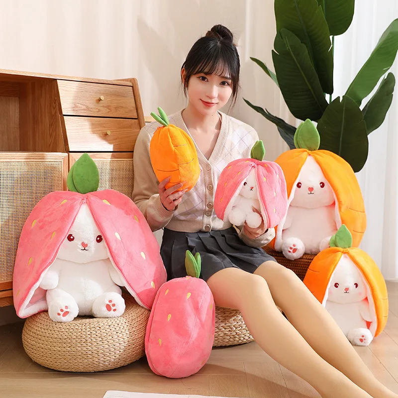 Peluche de conejo de peluche Kawaii para niños, almohada con relleno de conejo suave escondido en bolsa de fruta