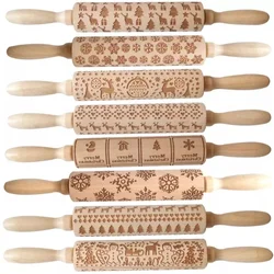 Wood Christmas Printing Rolling Pin Wooden Carvings Embossing Elk Snowflake Christmas Tree Snowman Rolling Pin Cookies Crafts