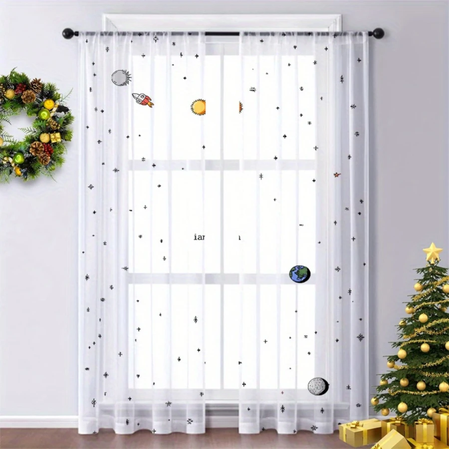 2PCS Digital Print Sheer Curtain, Cosmic Broken Starry Galaxy Pattern, Mysterious Fantasy Outer Space Astronomy Style Decor