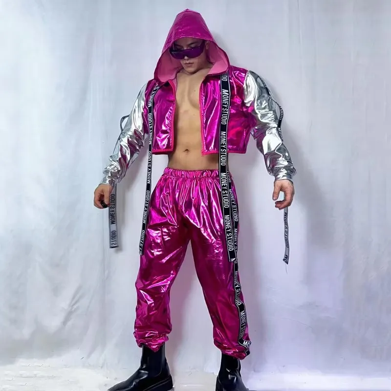 Traje de dança de rua masculino hip hop jazz rave outfit conjunto de couro com capuz jaqueta e calças masculino cantor grupo bandagem carta tema