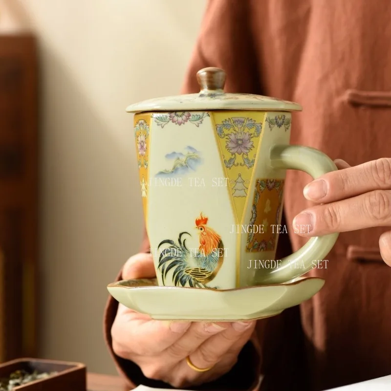 320ml Ceramic Lidded Tea Mug with Saucer Oriental Rooster and Floral Pattern Faceted Office Cup with Lid for Loose Leaf Tea