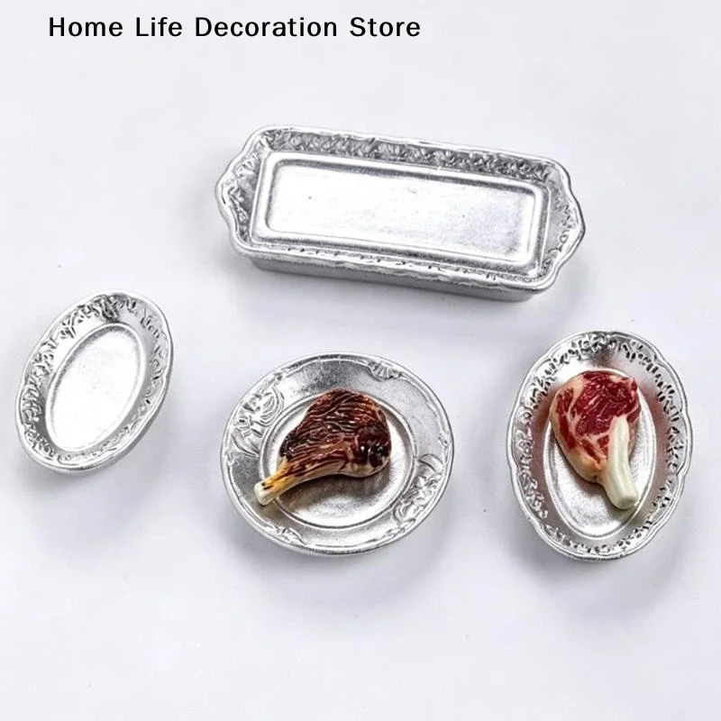 【H】10pcs Miniature Simulated Steak Set Vintage Silver Serving Trays Perfect For Dollhouse Kitchen Diorama Craft Projects