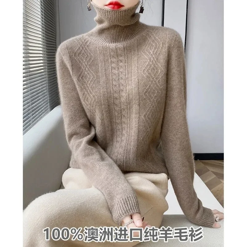 100% laine mérinos cachemire pull femmes tricoté pull col roulé à manches longues pulls automne hiver vêtements chaud pull hauts