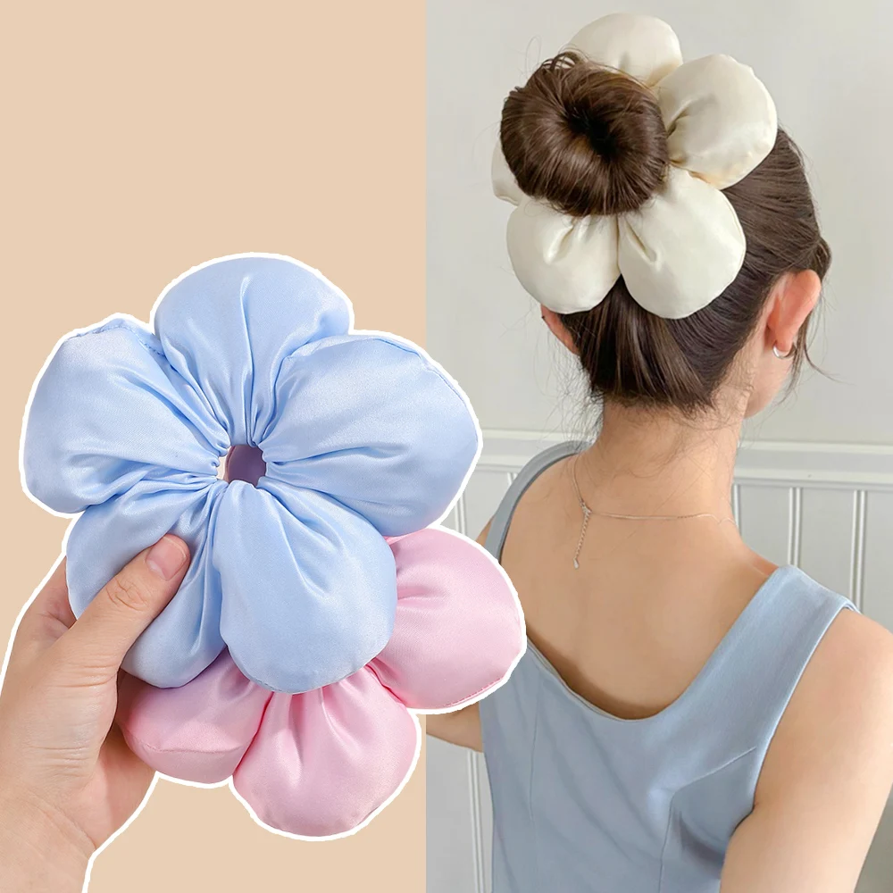 

Korean Oversized Blue Flower Scrunchie Hair Band for Women Girls Trendy Design High Ponytail Daily Fashion Hair Accessories