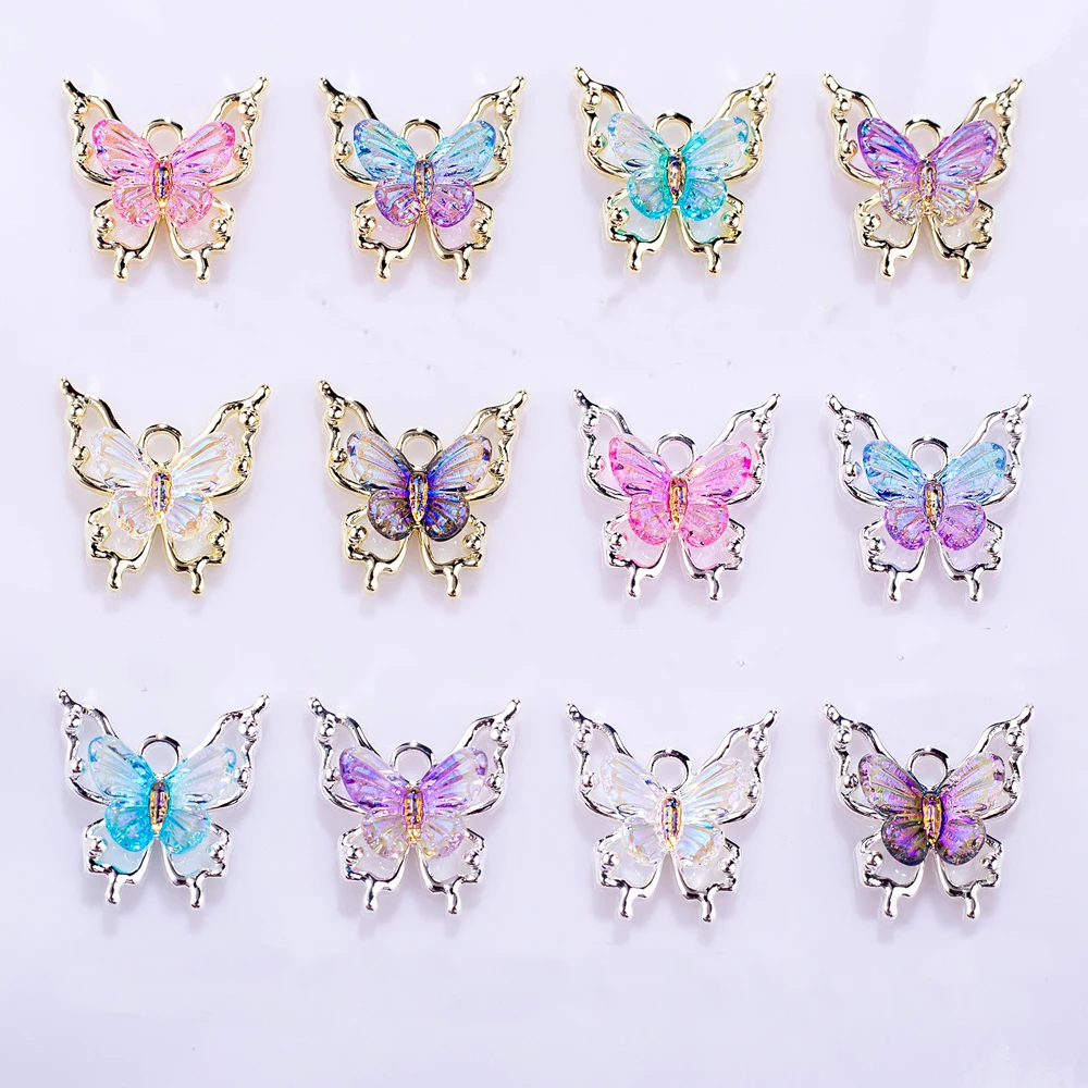 10Pcs Gradient Ice Transparent Elf Butterfly Nail Art Charms 3D Alloy Multi-Colors Sparkle Nail Designs Decoration Nail Crafts