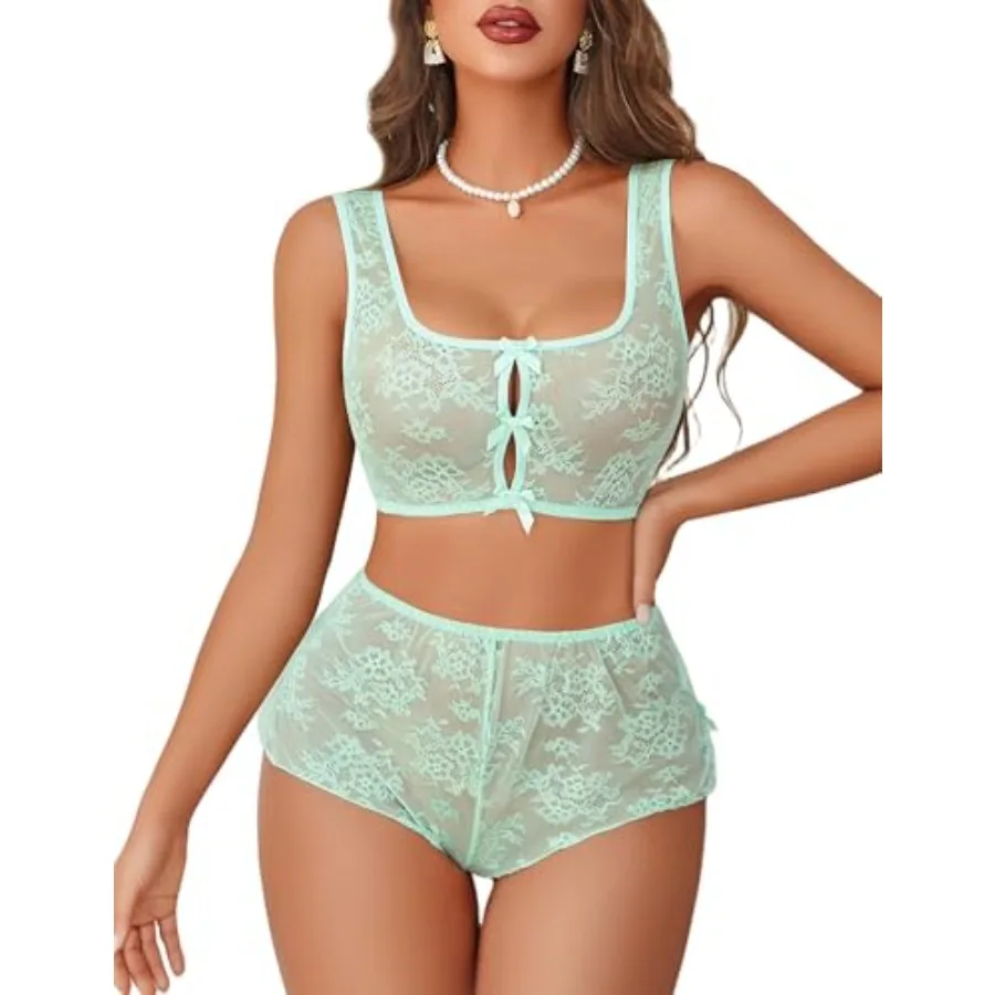 

Avidlove Lingerie Sets for Women Sexy Bow Pajama Set Sheer Floral Lace Bra and Panty 2 Pcs Nightwear