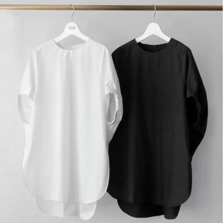 قميص نسائي فضفاض بأكمام قصيرة وقلنسوة من القطن الخالص بلون واحد وحجم كبير، مريح وعصري للصيف ومناسب للمشي في المدينة